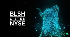 An Image that shows the Bullish (BLSH) NYSE listing with a digital bull. The listing was settled in stablecoins, which marked an industry first.